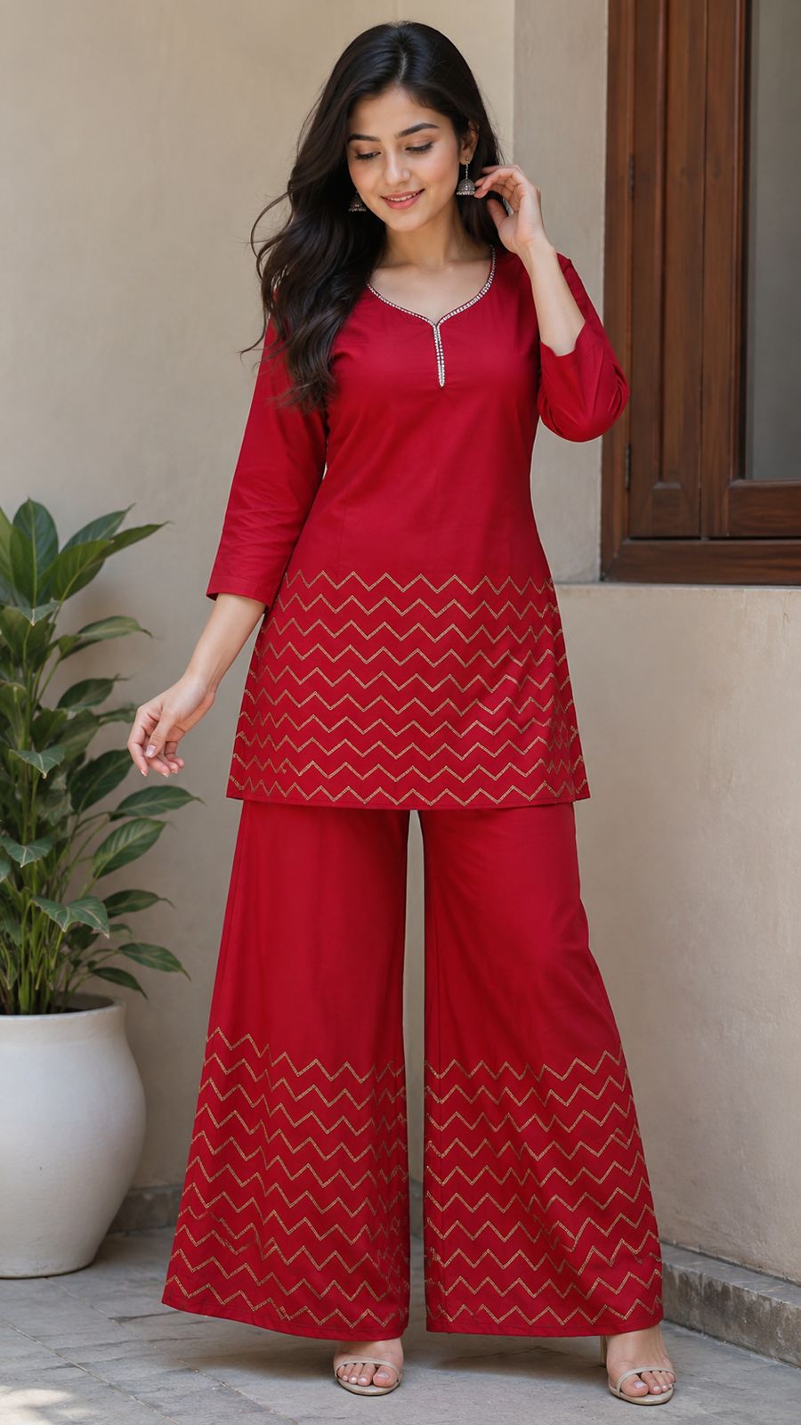 *Red Zig-Zag Embroidered Co-ord Set*&nbsp; Apni wardrobe ko bold touch do is stunning red kurti set ke saath 💃