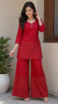 *Red Zig-Zag Embroidered Co-ord Set*&nbsp; Apni wardrobe ko bold touch do is stunning red kurti set ke saath 💃
