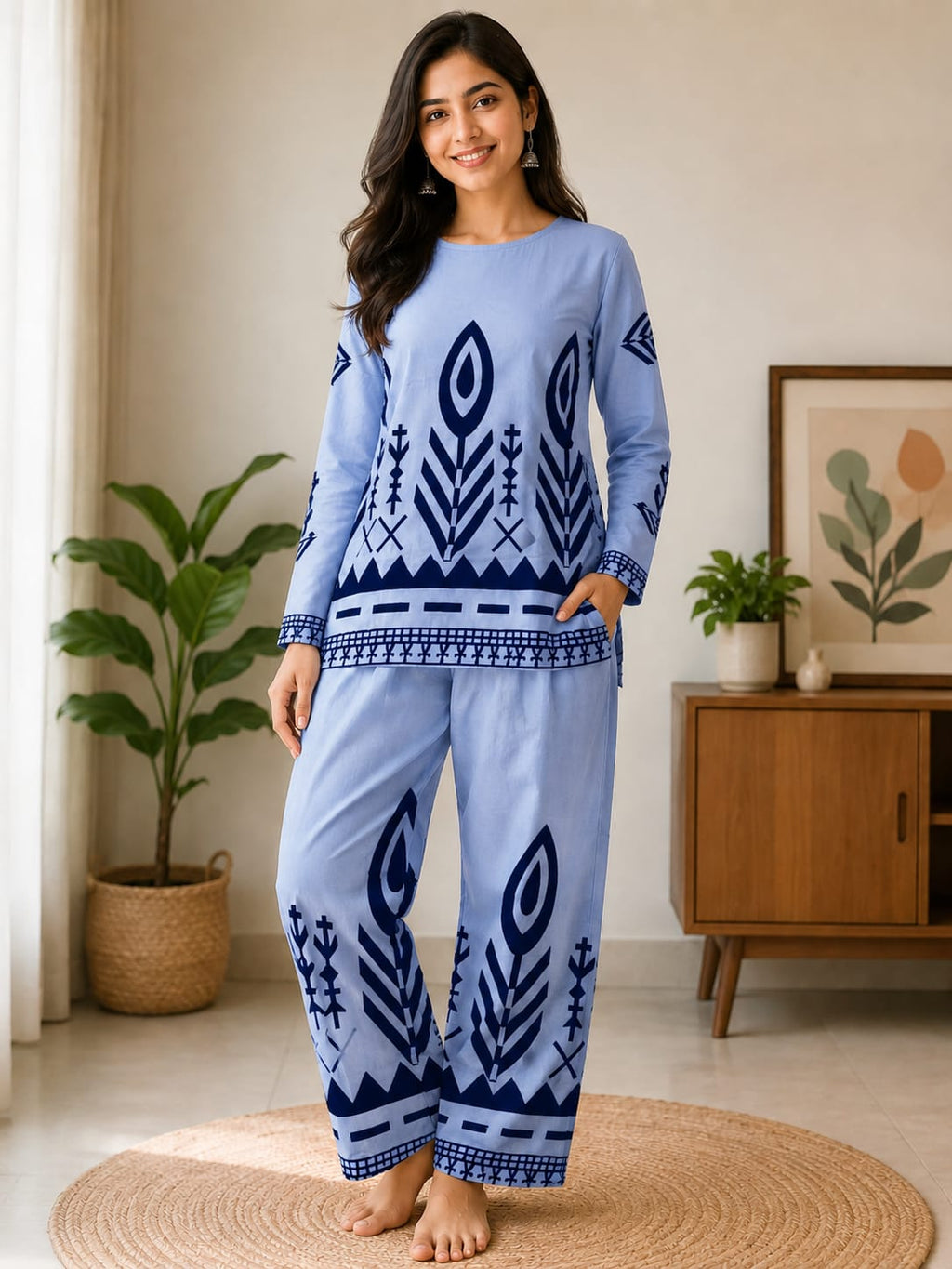 Women Sky Blue Cotton Coord Set | Casual Straight Kurti with Pant | Daily Wear Co-ord Set