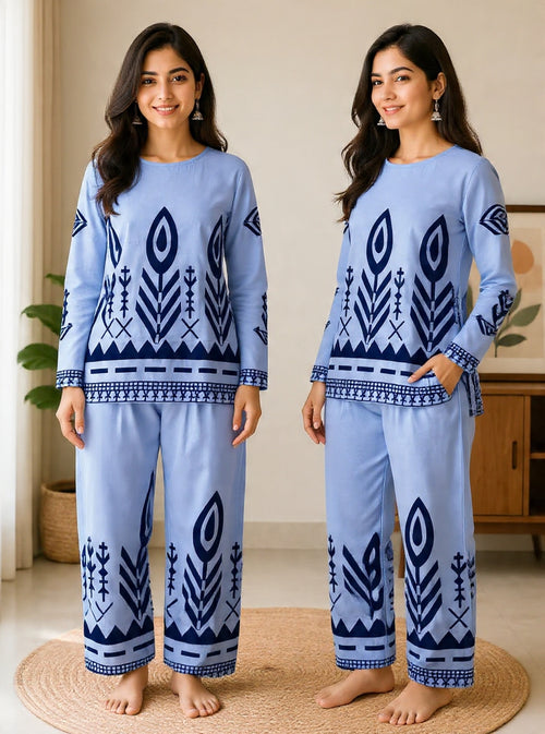 Women Sky Blue Cotton Coord Set | Casual Straight Kurti with Pant | Daily Wear Co-ord Set